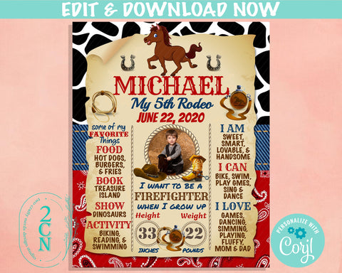 Rodeo Horse Birthday Sign With Photo, Cowboy Birthday Board Milestone | Editable Instant Download | Edit Online NOW Corjl | INSTANT ACCESS