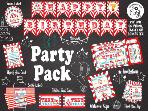 Circus Carnival Ticket Birthday Party Pack, Circus Birthday invitation | Editable Instant Download | Edit Online NOW Corjl | INSTANT ACCESS