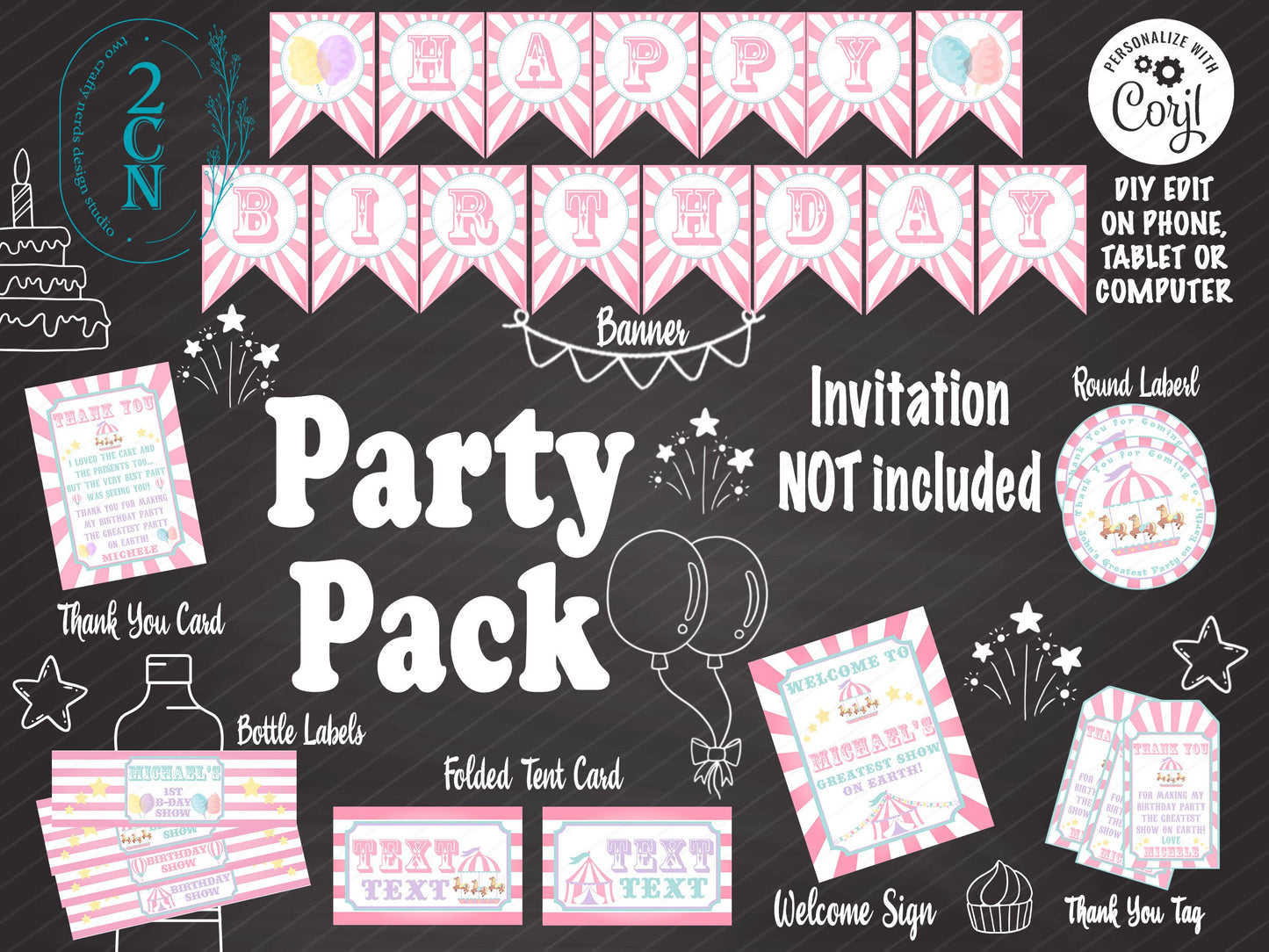 Circus Carnival Ticket Birthday Party Pack, Circus Birthday Party Decor | Editable Instant Download | Edit Online NOW Corjl | INSTANT ACCESS