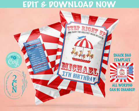 Circus Birthday Chips Bag, Carnival Party Popcorn Bag, 1oz Snack Bag | Editable Instant Download | Edit Online NOW Corjl | INSTANT ACCESS