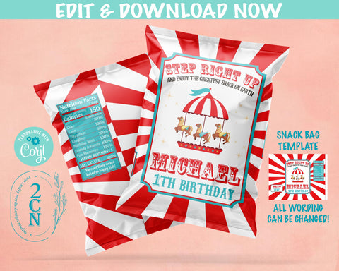 Circus Birthday Chips Bag, Carnival Party Popcorn Bag, 1oz Snack Bag | Editable Instant Download | Edit Online NOW Corjl | INSTANT ACCESS