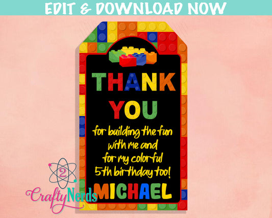 Building Blocks Birthday Thank You Tag, Blocks Birthday Tag favor Label | Editable Instant Download | Edit Online NOW Corjl | INSTANT ACCESS