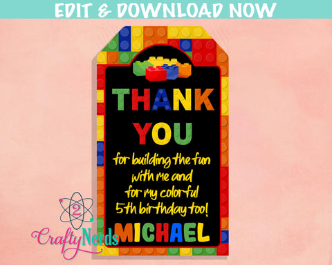 Building Blocks Birthday Thank You Tag, Blocks Birthday Tag favor Label | Editable Instant Download | Edit Online NOW Corjl | INSTANT ACCESS