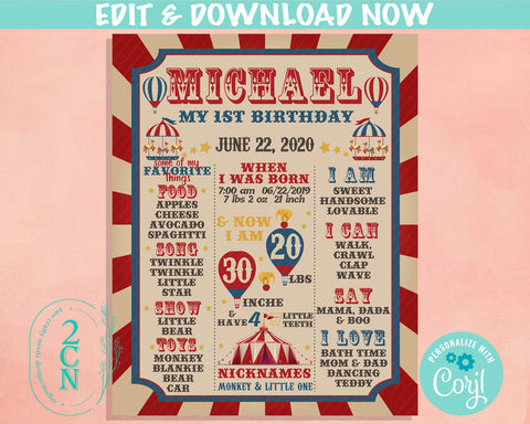 Vintage Tent Carnival Circus Birthday Sign Birthday Board Milestone Sign| Editable Instant Download | Edit Online NOW Corjl | INSTANT ACCESS