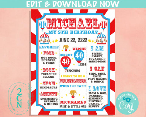 Carnival Circus Birthday Sign Birthday Board, Milestone Birthday Sign | Editable Instant Download | Edit Online NOW Corjl | INSTANT ACCESS