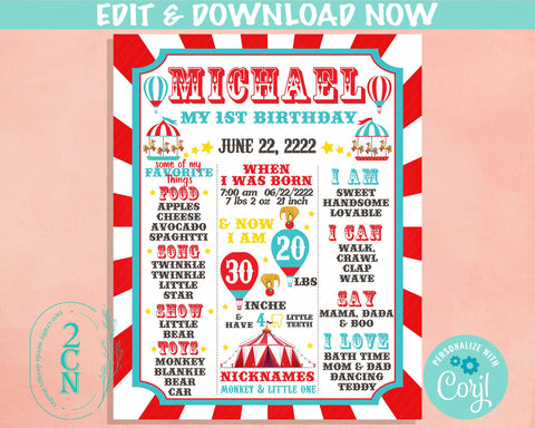 Carnival Circus Birthday Sign Birthday Board, Milestone Birthday Sign | Editable Instant Download | Edit Online NOW Corjl | INSTANT ACCESS