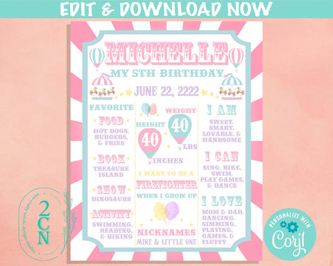 Carnival Circus Birthday Sign Birthday Board, Pastel Milestone Birthday | Editable Instant Download | Edit Online NOW Corjl | INSTANT ACCESS