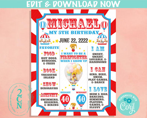 Carnival Circus Birthday Sign Birthday Board With Photo, Milestone Sign | Editable Instant Download | Edit Online NOW Corjl | INSTANT ACCESS