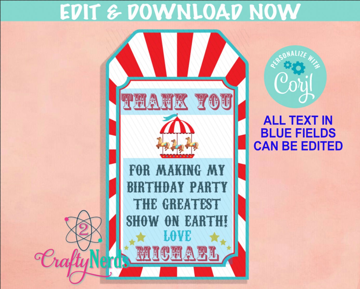 Circus Birthday Thank You Tag, Carnival Birthday Tag Circus Favor Label | Editable Instant Download | Edit Online NOW Corjl | INSTANT ACCESS