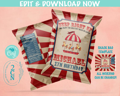 Circus Birthday Chips Bag, Carnival Party Popcorn Bag, 1oz Snack Bag | Editable Instant Download | Edit Online NOW Corjl | INSTANT ACCESS