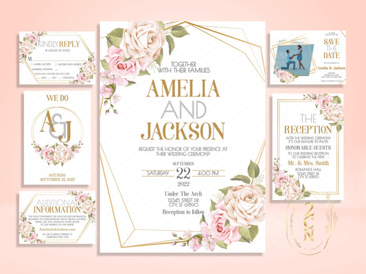 Wedding Invitation, Wedding Suite, Save the date, Wedding Invite 6Items | Editable Instant Download | Edit Online NOW Corjl | INSTANT ACCESS