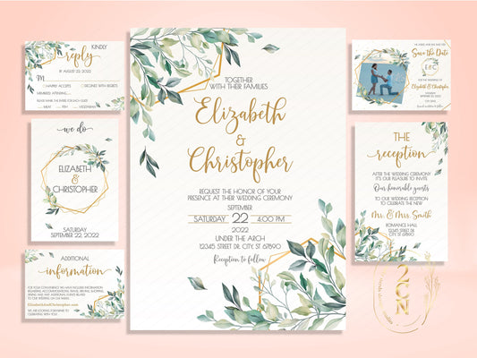 Wedding Invitation, Wedding Suite, Save the date, Wedding Invite 6Items | Editable Instant Download | Edit Online NOW Corjl | INSTANT ACCESS