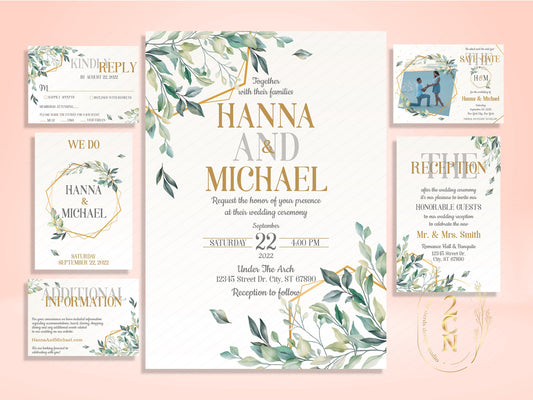 Wedding Invitation, Wedding Suite, Save the date, Wedding Invite 6Items | Editable Instant Download | Edit Online NOW Corjl | INSTANT ACCESS