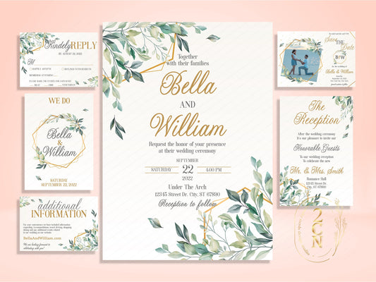 Wedding Invitation, Wedding Suite, Save the date, Wedding Invite 6Items | Editable Instant Download | Edit Online NOW Corjl | INSTANT ACCESS