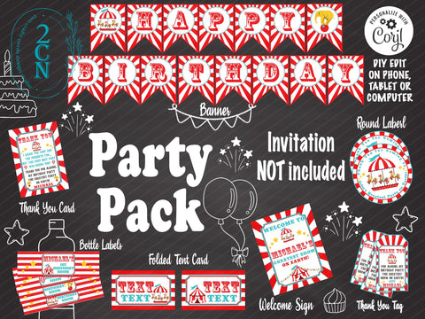 Circus Carnival Ticket Birthday Party Pack, Circus Birthday Party Decor | Editable Instant Download | Edit Online NOW Corjl | INSTANT ACCESS