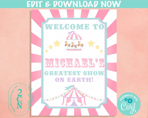 Carnival Circus Birthday Sign, Circus Birthday Welcome Sign Circus Sign | Editable Instant Download | Edit Online NOW Corjl | INSTANT ACCESS