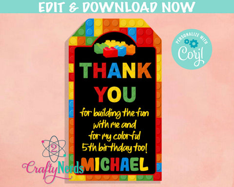 Building Blocks Birthday Thank You Tag, Blocks Birthday Tag Favor Label | Editable Instant Download | Edit Online NOW Corjl | INSTANT ACCESS