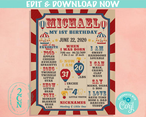 Vintage Carnival Circus Birthday Sign, Birthday Board, Milestone Sign | Editable Instant Download | Edit Online NOW Corjl | INSTANT ACCESS