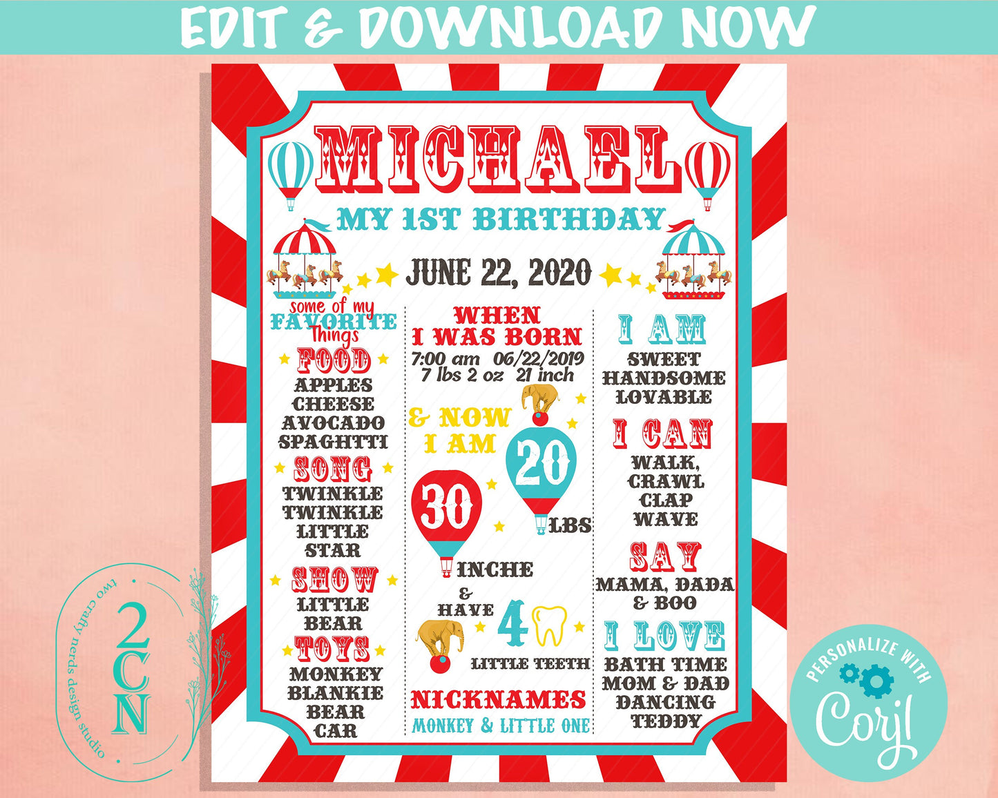 Carnival Circus Birthday Sign Birthday Board, Milestone Birthday Sign | Editable Instant Download | Edit Online NOW Corjl | INSTANT ACCESS