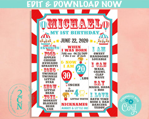 Carnival Circus Birthday Sign Birthday Board, Milestone Birthday Sign | Editable Instant Download | Edit Online NOW Corjl | INSTANT ACCESS