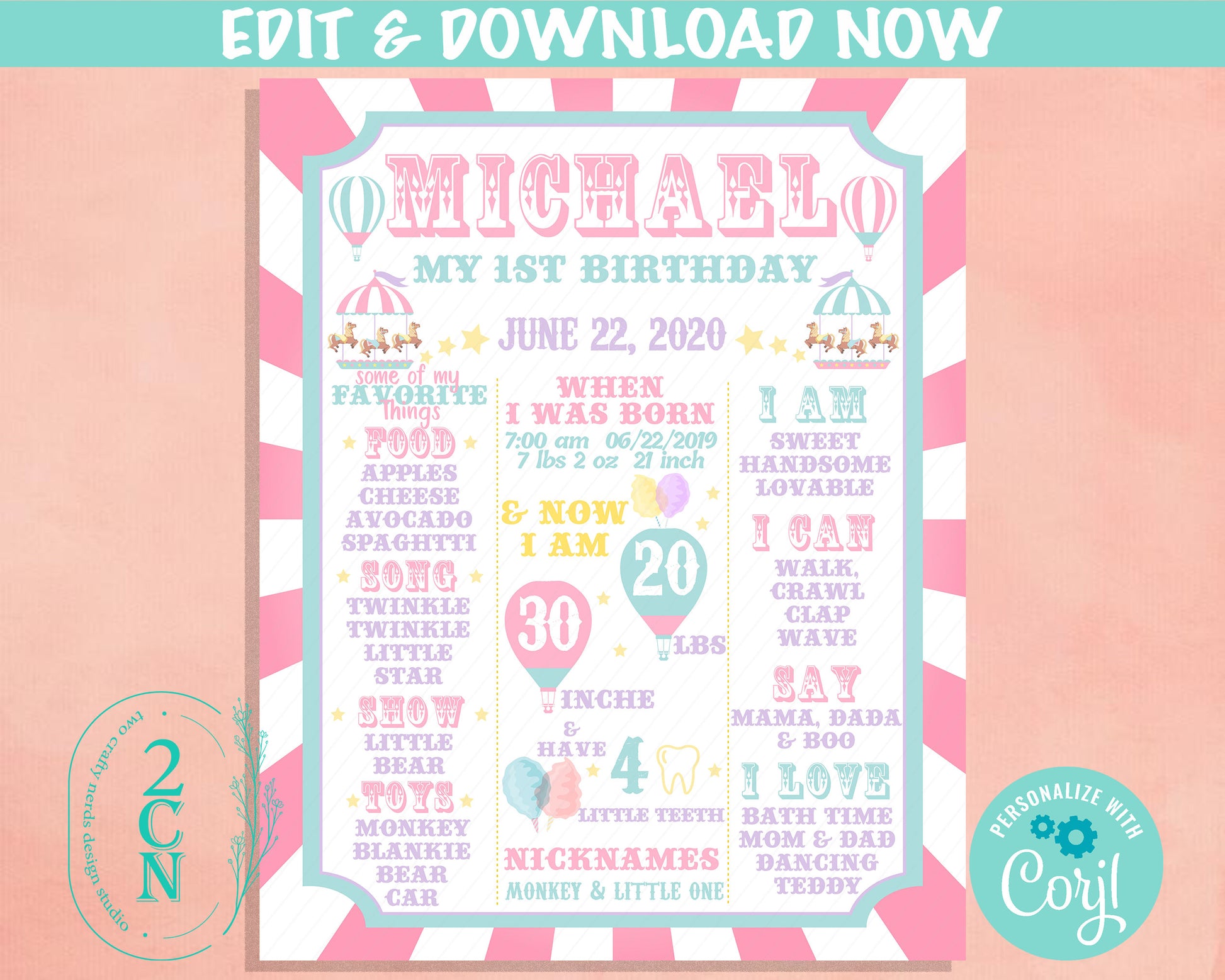 Carnival Circus Birthday Sign Birthday Board, Pastel Milestone Birthday | Editable Instant Download | Edit Online NOW Corjl | INSTANT ACCESS