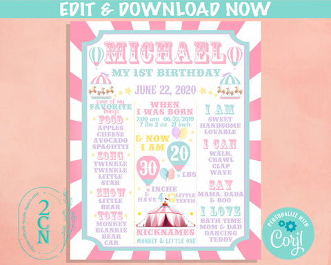 Carnival Circus Birthday Sign Birthday Board, Pastel Milestone Birthday | Editable Instant Download | Edit Online NOW Corjl | INSTANT ACCESS