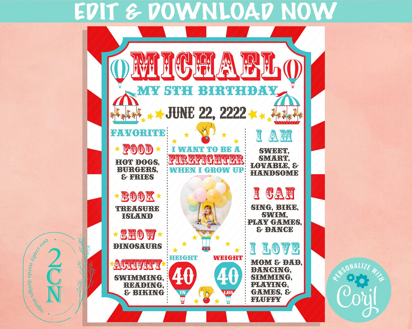 Carnival Circus Birthday Sign Birthday Board With Photo, Milestone Sign | Editable Instant Download | Edit Online NOW Corjl | INSTANT ACCESS