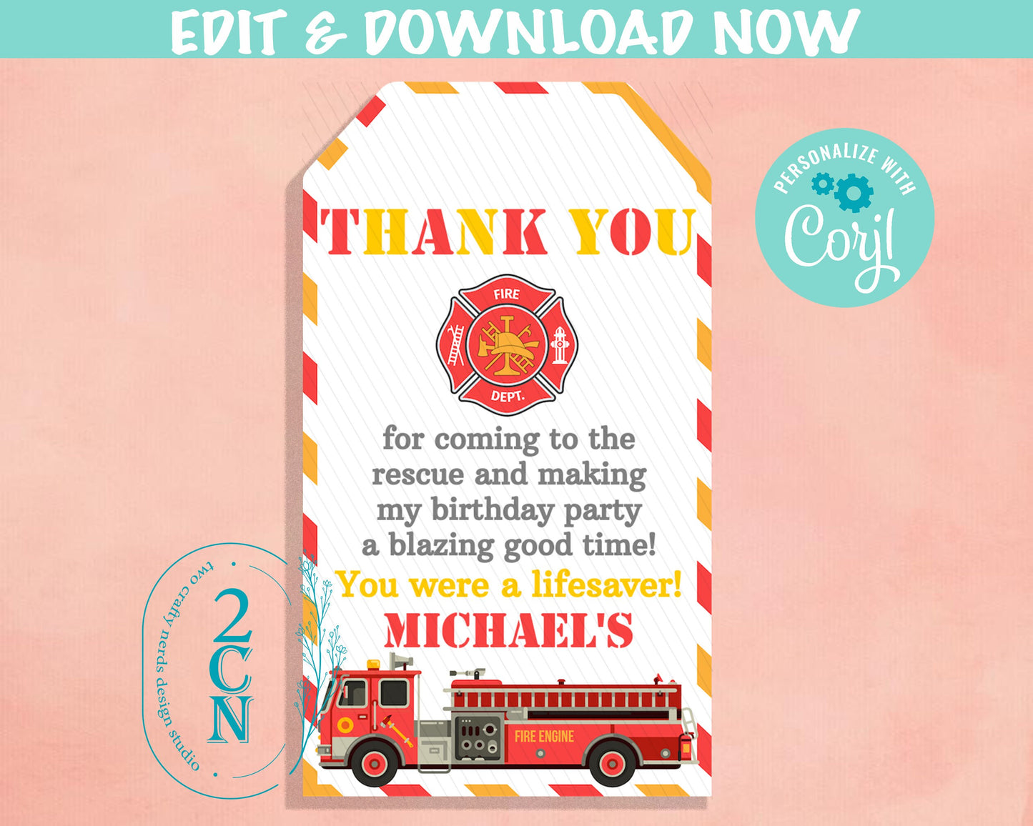 Firefighter Birthday Invitation, Fire Truck Invitation, Fireman Party | Editable Instant Download | Edit Online NOW Corjl | INSTANT ACCESS