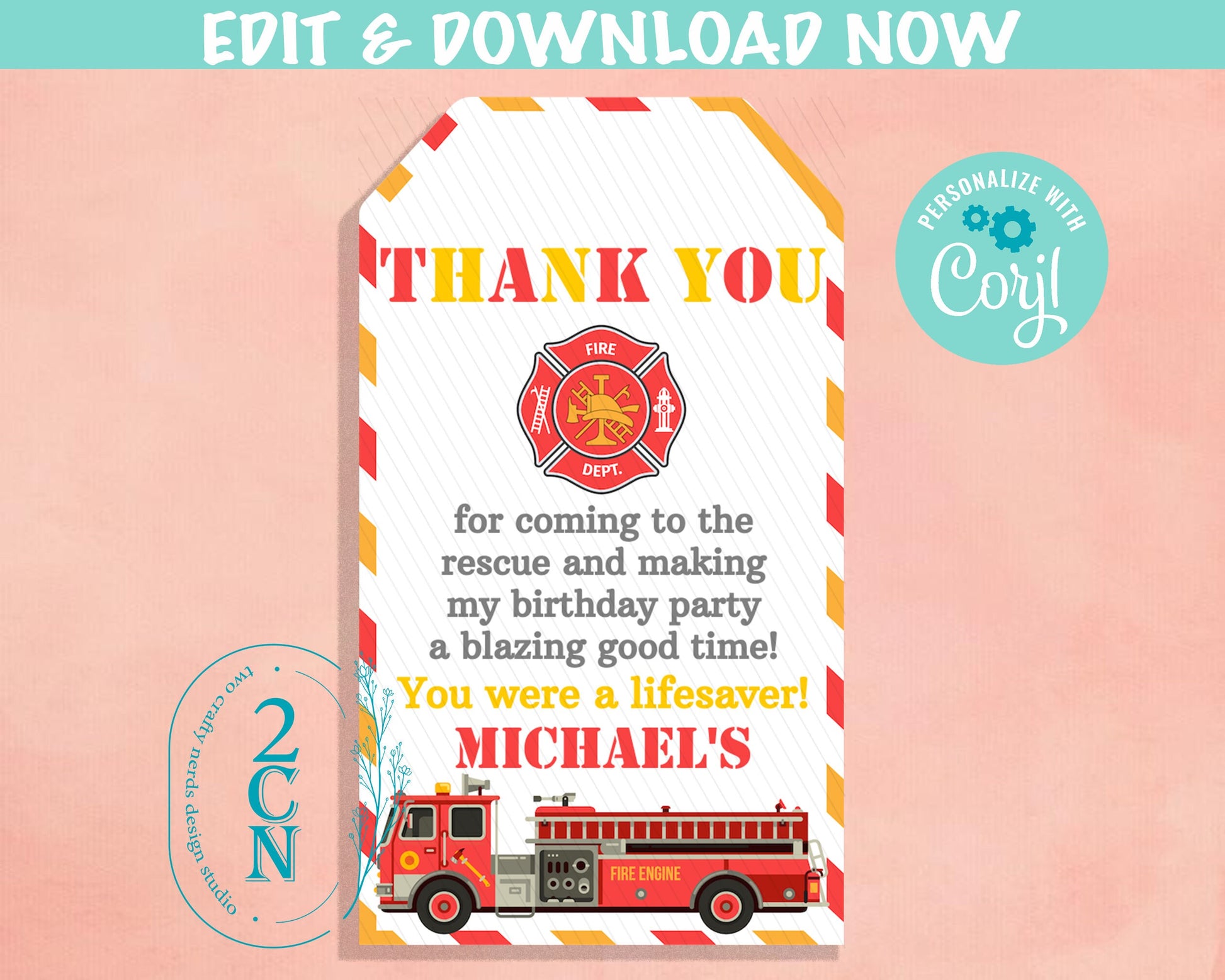 Firefighter Birthday Invitation, Fire Truck Invitation, Fireman Party | Editable Instant Download | Edit Online NOW Corjl | INSTANT ACCESS