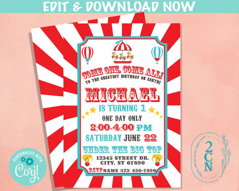 Carnival Circus Birthday Invitation, Circus Party, Carnival Theme | Editable Instant Download | Edit Online NOW Corjl | INSTANT ACCESS