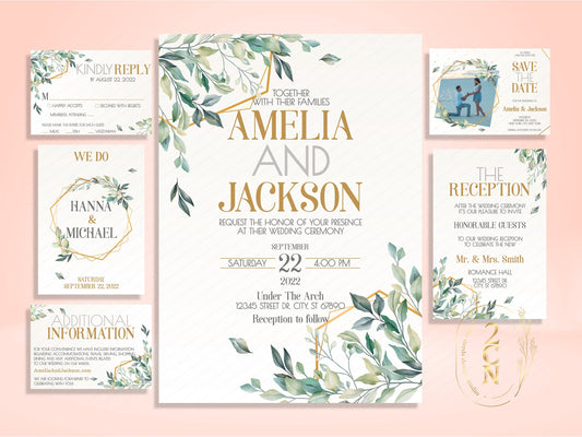 Wedding Invitation, Wedding Suite, Save the date, Wedding Invite 6Items | Editable Instant Download | Edit Online NOW Corjl | INSTANT ACCESS