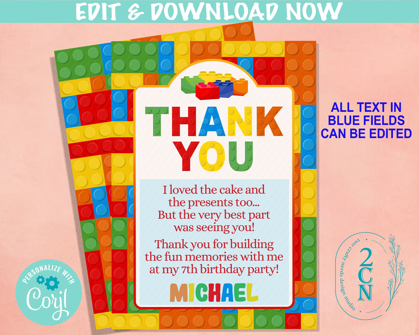 Building Blocks Birthday Thank You Card, Blocks Thank You | Editable Instant Download | Edit Online NOW Corjl | INSTANT ACCESS