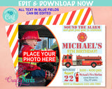 Firefighter Birthday Invitation With Photo, Fire Truck, Fireman Party | Editable Instant Download | Edit Online NOW Corjl | INSTANT ACCESS