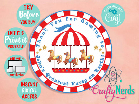 Circus Birthday Thank You Round Label Carnival Birthday Circus Label | Editable Instant Download | Edit Online NOW Corjl | INSTANT ACCESS T1