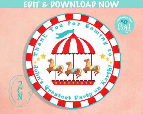 Circus Birthday Thank You Round Label Carnival Birthday Circus Label | Editable Instant Download | Edit Online NOW Corjl | INSTANT ACCESS T1