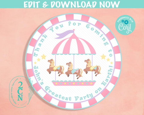 Circus Birthday Thank You Round Label Carnival Birthday Circus Label | Editable Instant Download | Edit Online NOW Corjl | INSTANT ACCESS