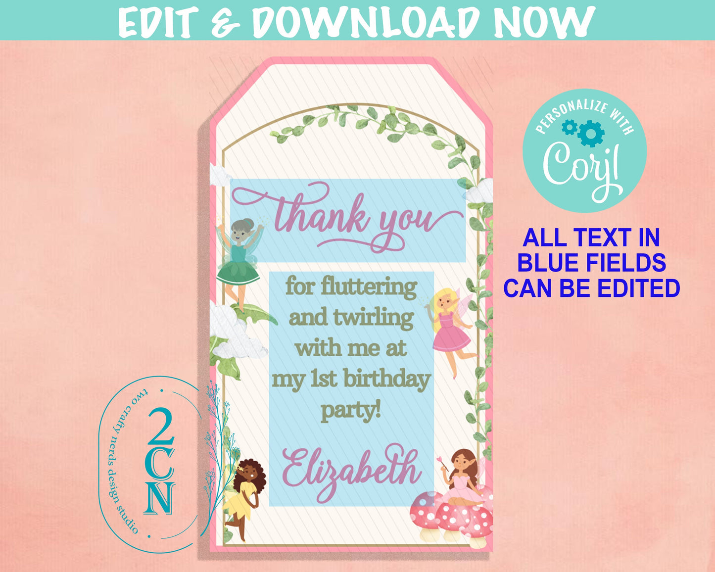 Fairy Birthday Thank You Tag, Fairies Birthday Tag Fairy Party Label | Editable Instant Download | Edit Online NOW Corjl | INSTANT ACCESS