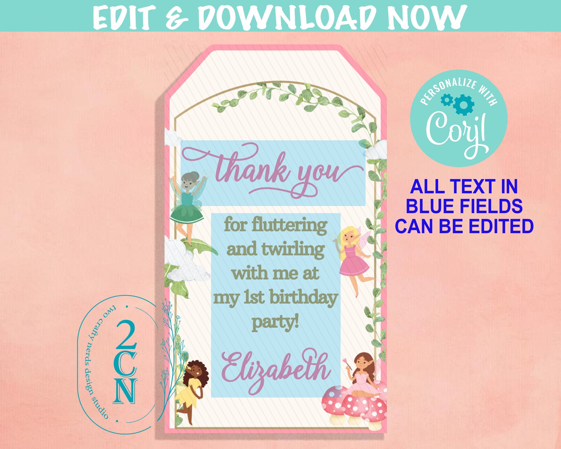 Fairy Birthday Thank You Tag, Fairies Birthday Tag Fairy Party Label | Editable Instant Download | Edit Online NOW Corjl | INSTANT ACCESS