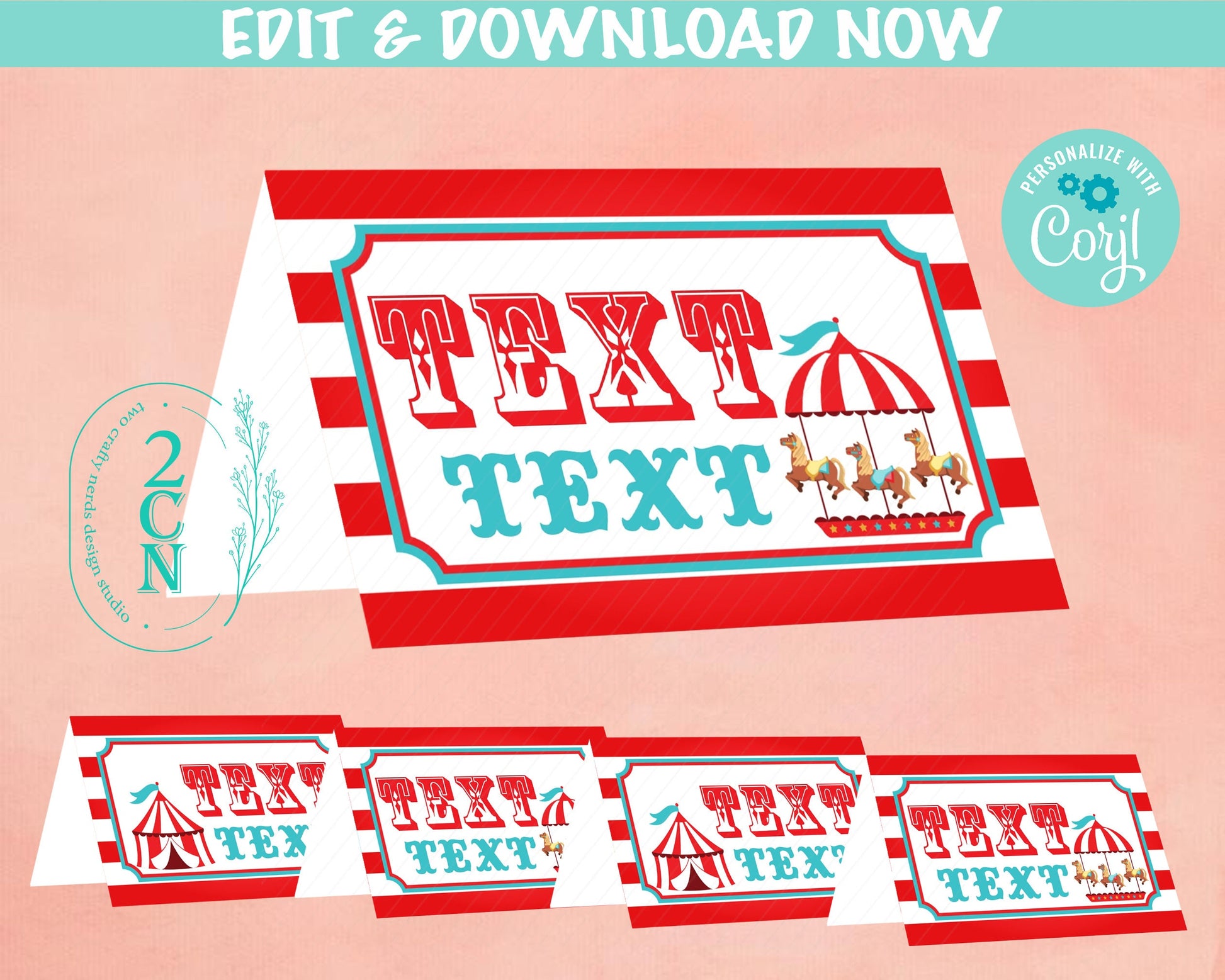 Circus Carnival Birthday Folded Card, Circus Table Card Circus Label | Editable Instant Download | Edit Online NOW Corjl | INSTANT ACCESS T1