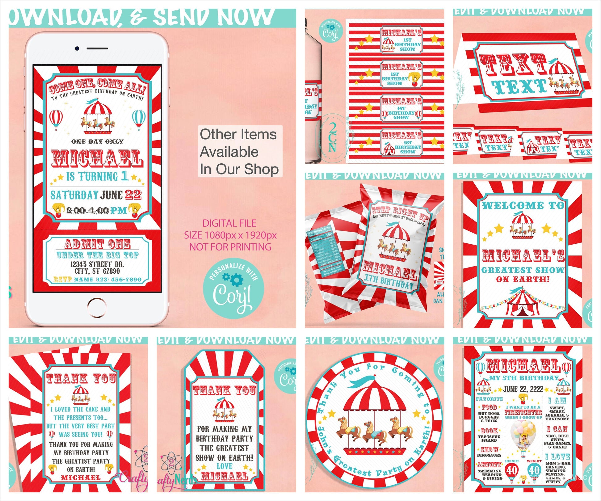 Circus Birthday Thank You Round Label Carnival Birthday Circus Label | Editable Instant Download | Edit Online NOW Corjl | INSTANT ACCESS T1