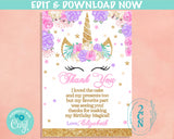 Unicorn Birthday Thank You Card Pink, Lavender Purple, Unicorn Card | Editable Instant Download | Edit Online NOW Corjl | INSTANT ACCESS T1