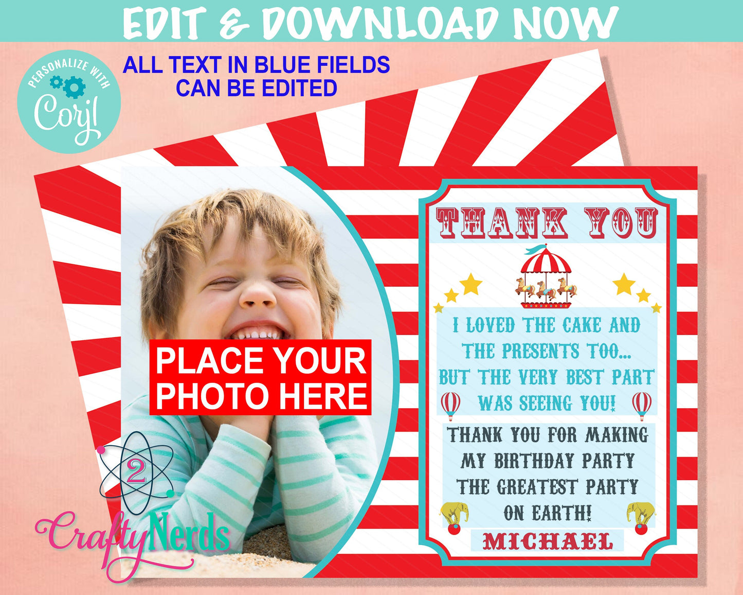 Circus Carnival Birthday Thank You Card With Photo, Circus Party | Editable Instant Download | Edit Online NOW Corjl | INSTANT ACCESS