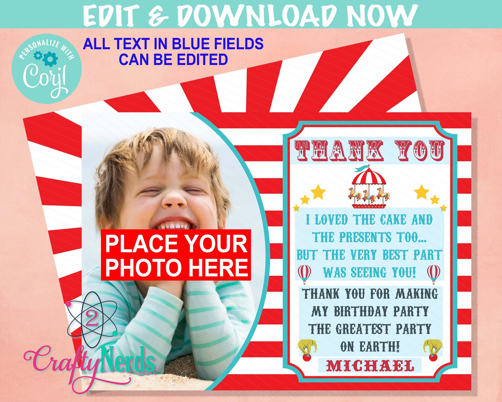 Circus Carnival Birthday Thank You Card With Photo, Circus Party | Editable Instant Download | Edit Online NOW Corjl | INSTANT ACCESS