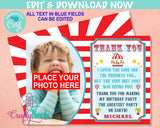 Circus Carnival Birthday Thank You Card With Photo, Circus Party | Editable Instant Download | Edit Online NOW Corjl | INSTANT ACCESS