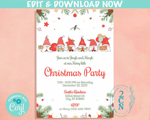 Gnome Christmas Party Invitation | Gnome Christmas Invitation Card | Editable Instant Download | Edit Online NOW Corjl | INSTANT ACCESS