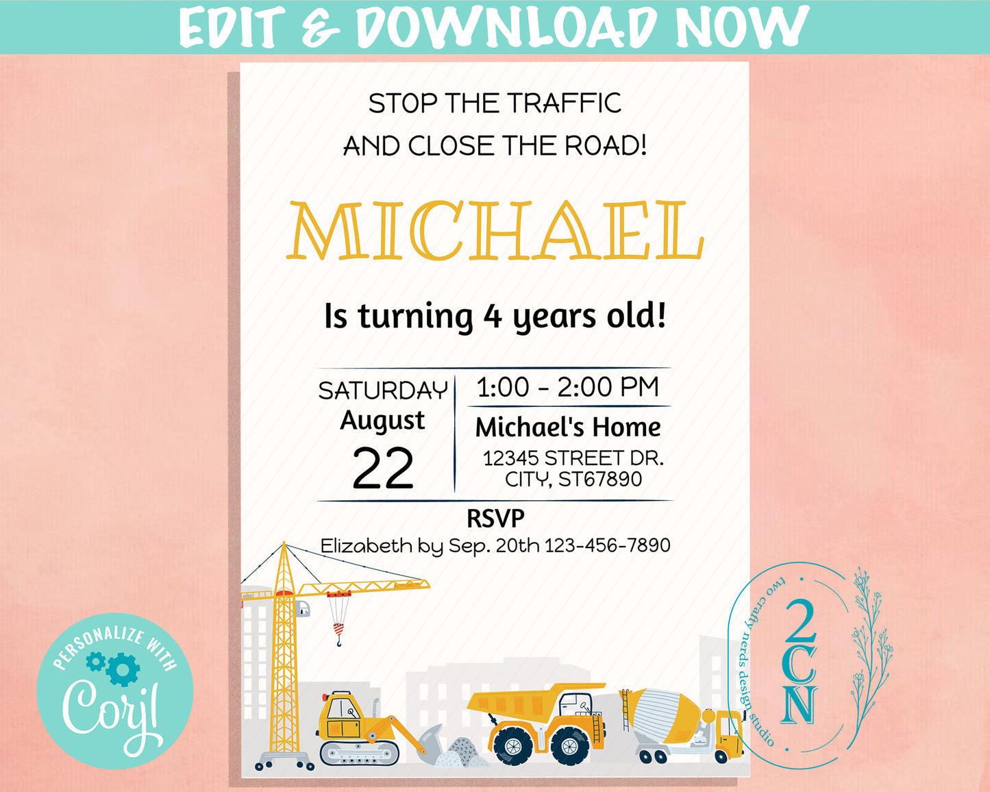 Construction Birthday Invitation, Construction Party, Dump Truck Invite | Editable Instant Download | Edit Online NOW Corjl | INSTANT ACCESS