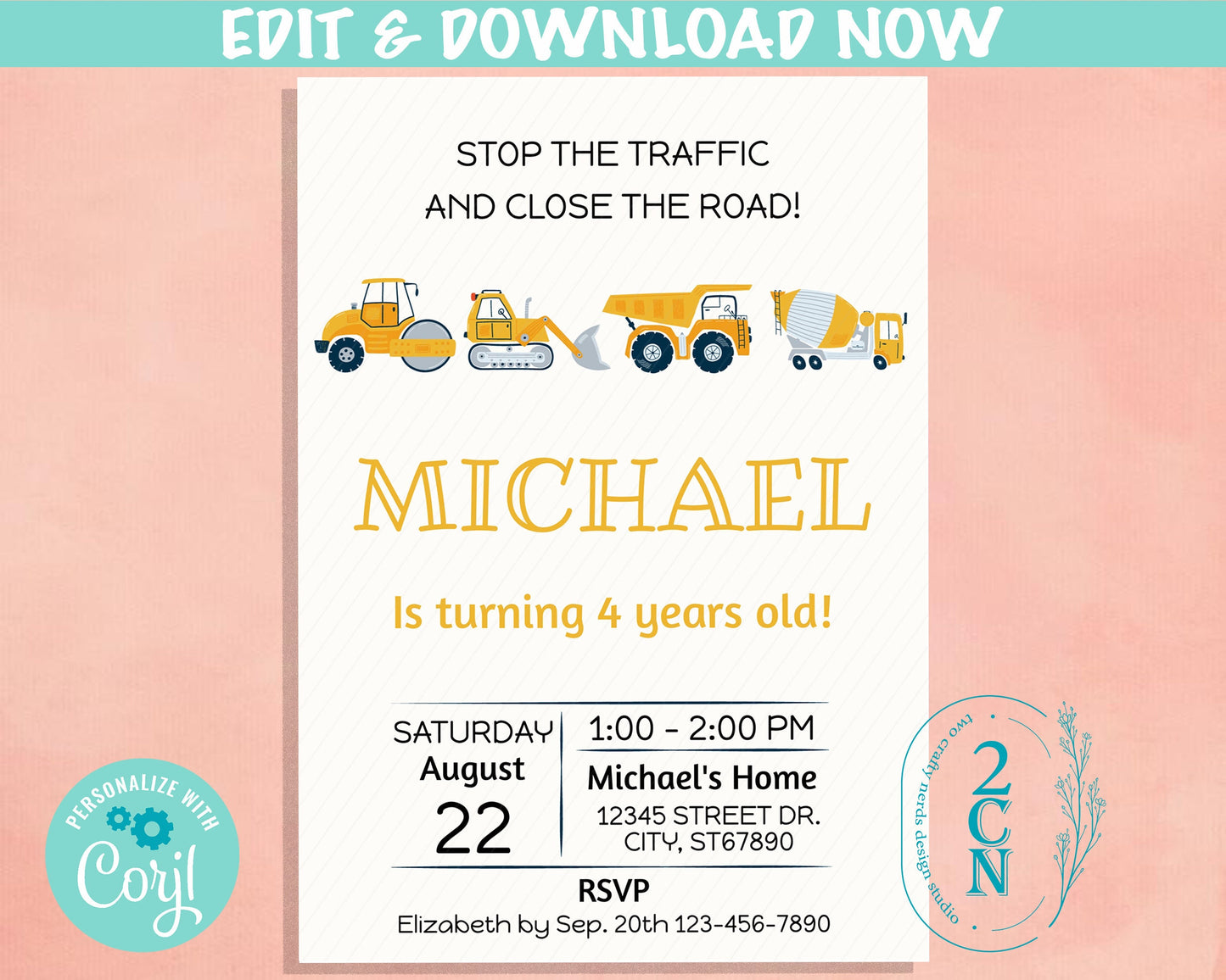 Construction Birthday Invitation, Construction Party, Dump Truck Invite | Editable Instant Download | Edit Online NOW Corjl | INSTANT ACCESS