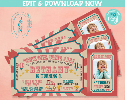 Carnival Ticket Birthday Invitation With Picture, Circus invitation Photo | Editable Instant Download Edit Online NOW Corjl | INSTANT ACCESS