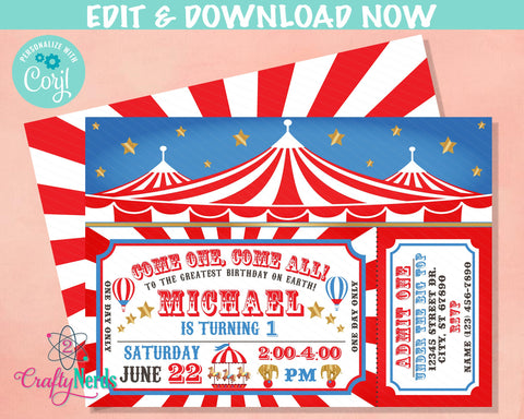 Carnival Circus Birthday Invitation with Tent Top, Red Circus Carnival | Editable Instant Download | Edit Online NOW Corjl | INSTANT ACCESS