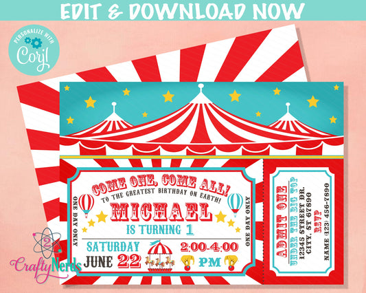 Carnival Circus Birthday Invitation with Tent Top, Red Circus Carnival | Editable Instant Download | Edit Online NOW Corjl | INSTANT ACCESS